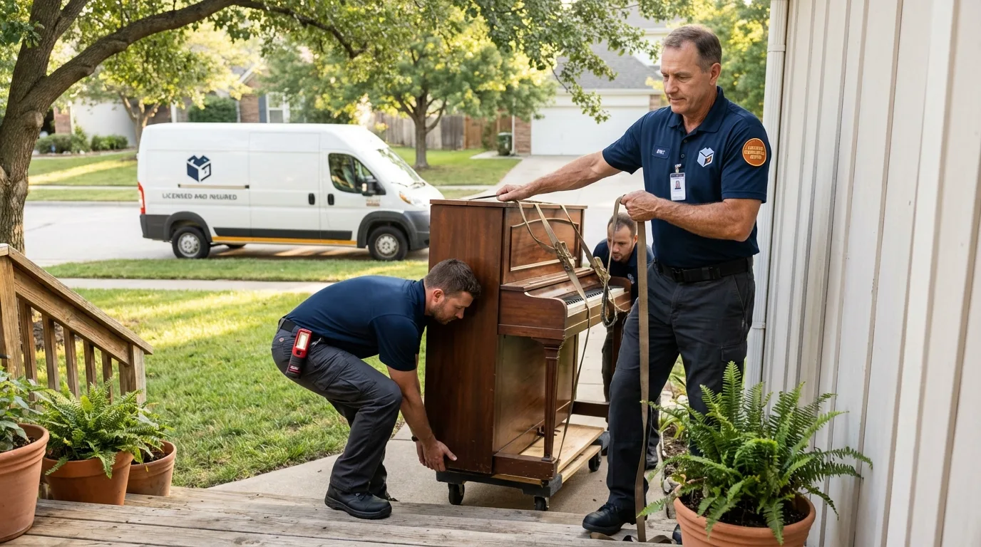 Licensed piano movers securing grand piano in New Columbia, PA