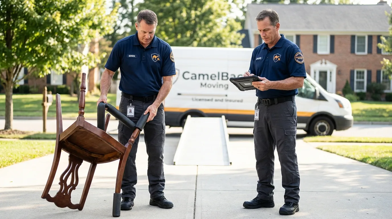 Movers inspecting furniture for damage prevention before loading in New Columbia, PA