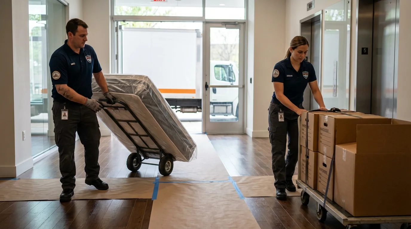 Professional apartment movers loading elevator in New Columbia, PA