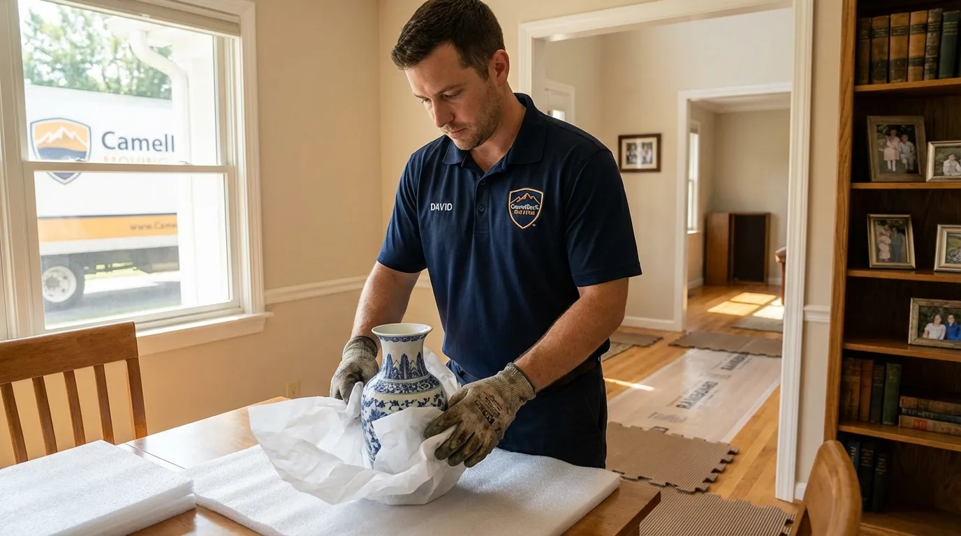 Professional crew carefully wrapping antique vase for senior downsizing move in New Columbia, PA